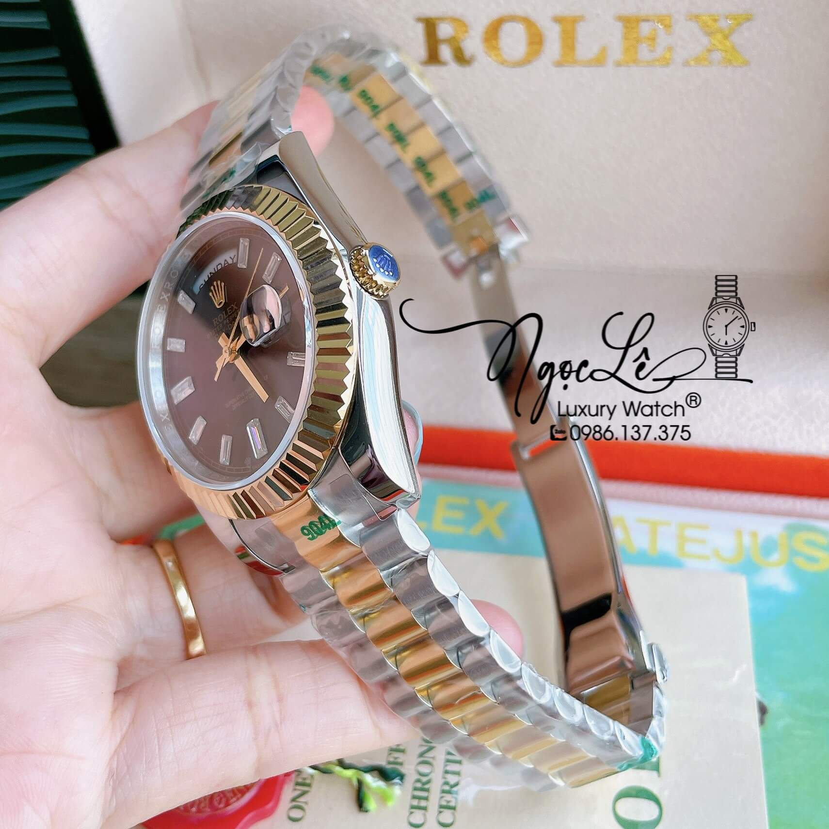 Đồng Hồ Rolex Day-Date Automatic Nam Dây Kim Loại Demi Mặt Đen Niềng Khía Size 41mm