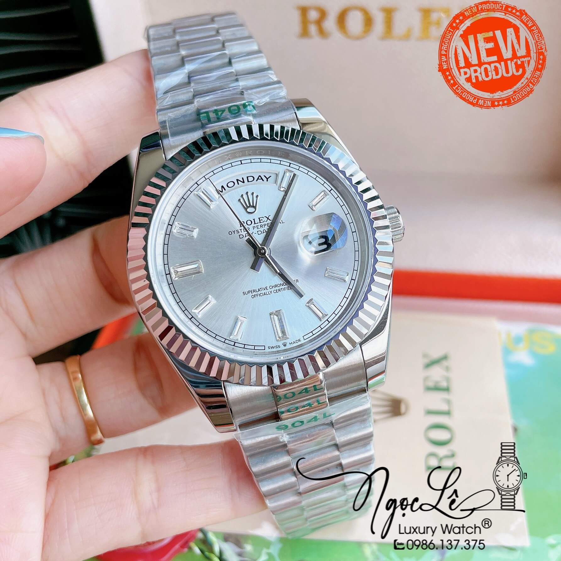 Đồng Hồ Rolex Day-Date Automatic Nam Dây Kim Loại Bạc Mặt Trắng Niềng Khía Size 41mm