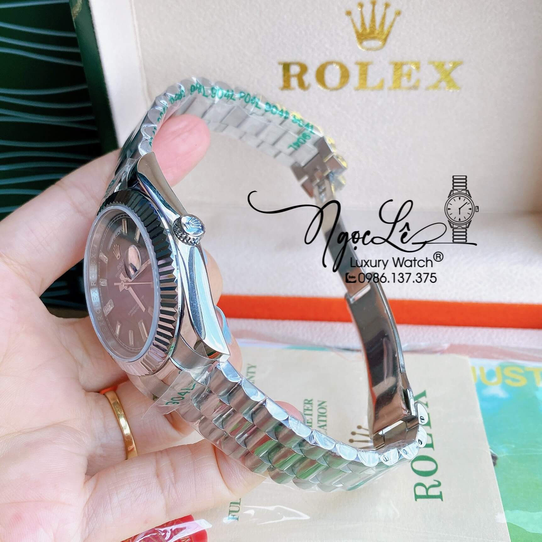 Đồng Hồ Rolex Day-Date Automatic Nam Dây Kim Loại Bạc Mặt Đen Niềng Khía Size 41mm