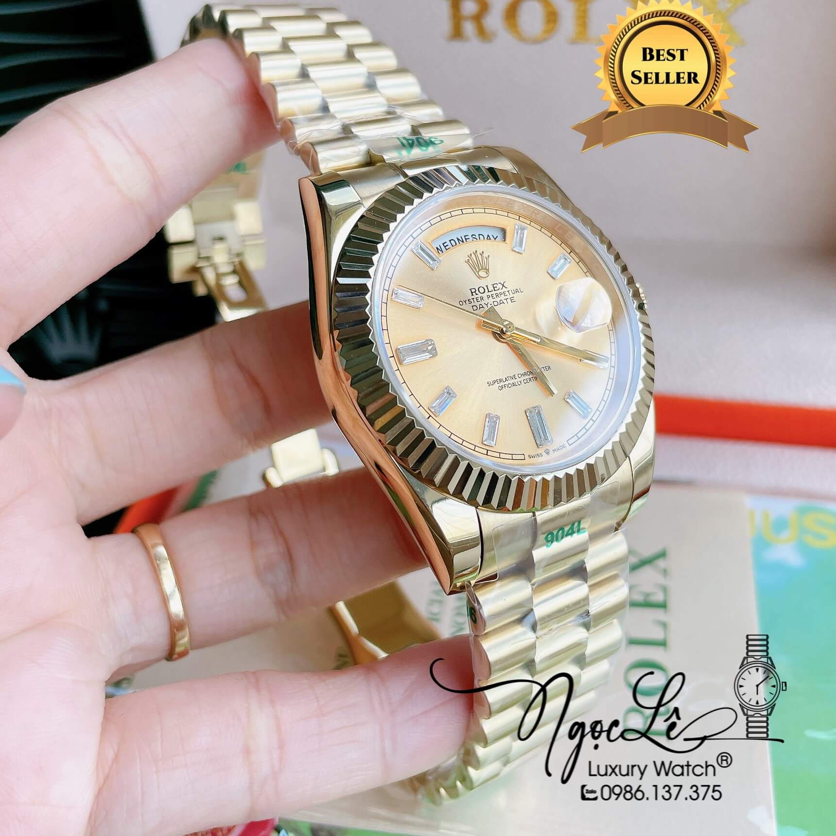 Đồng Hồ Rolex Day-Date Automatic Nam Dây Kim Loại Vàng Mặt Vàng Niềng Khía Size 41mm