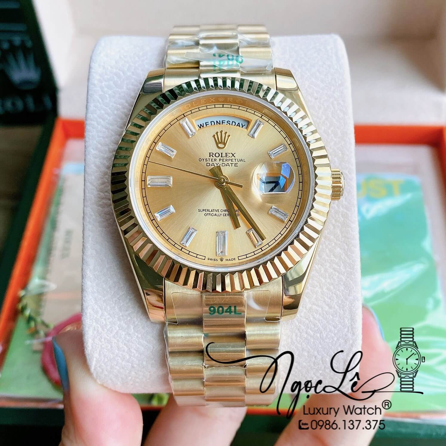 Đồng Hồ Rolex Day-Date Automatic Nam Dây Kim Loại Vàng Mặt Vàng Niềng Khía Size 41mm