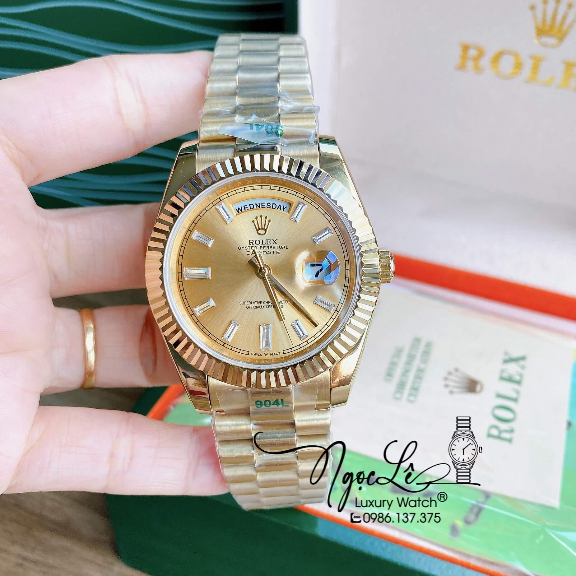 Đồng Hồ Rolex Day-Date Automatic Nam Dây Kim Loại Vàng Mặt Vàng Niềng Khía Size 41mm