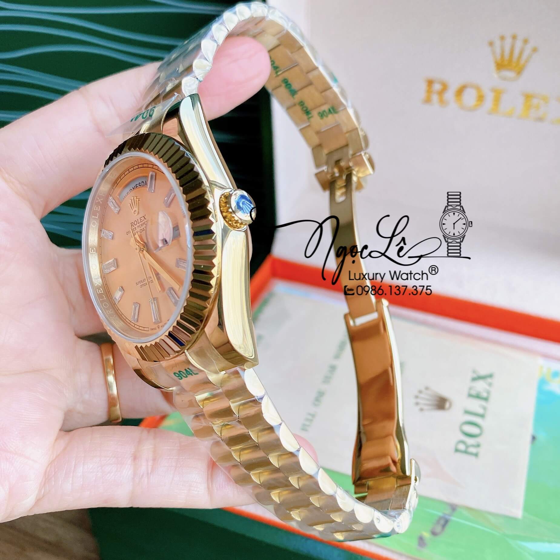 Đồng Hồ Rolex Day-Date Automatic Nam Dây Kim Loại Vàng Mặt Vàng Niềng Khía Size 41mm