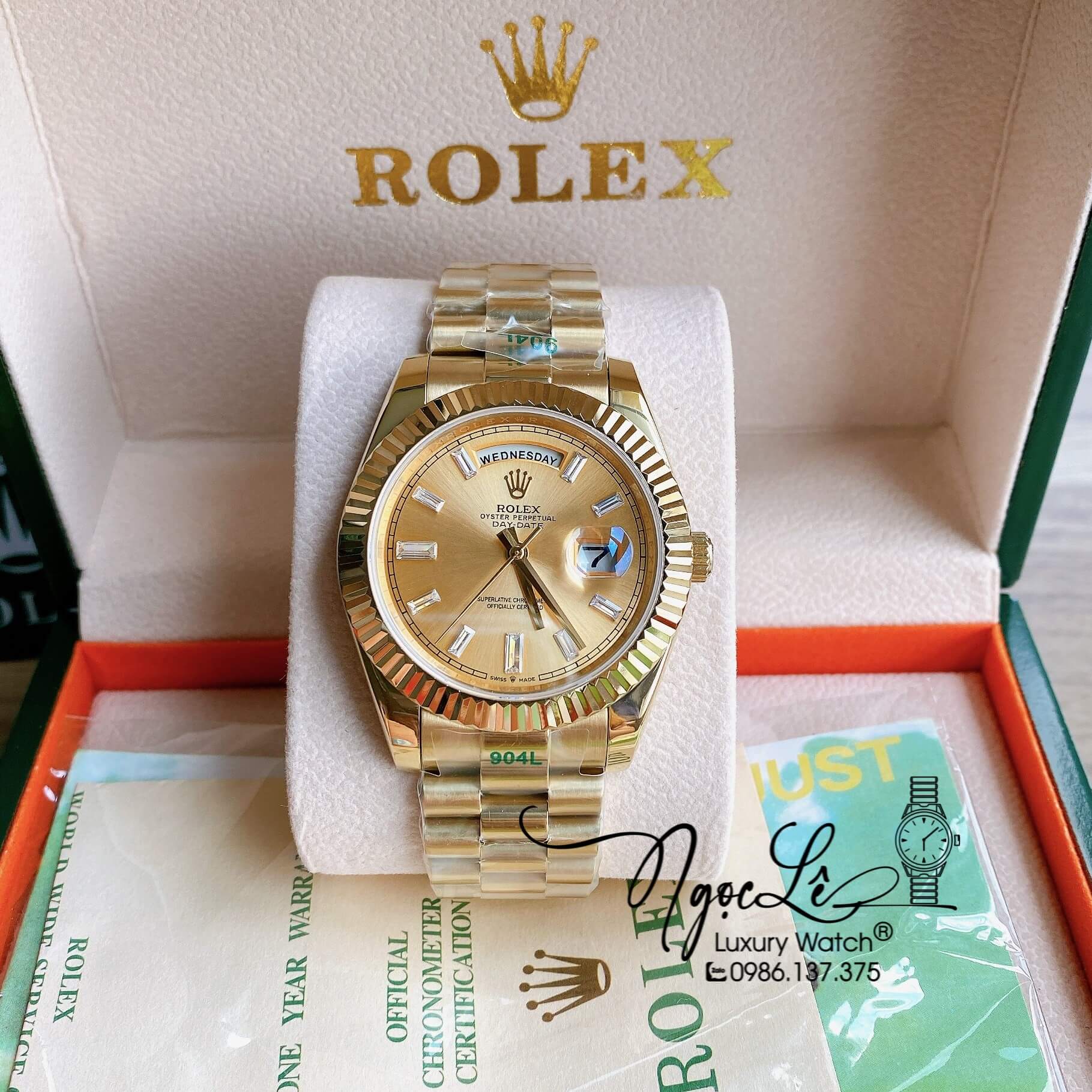 Đồng Hồ Rolex Day-Date Automatic Nam Dây Kim Loại Vàng Mặt Vàng Niềng Khía Size 41mm