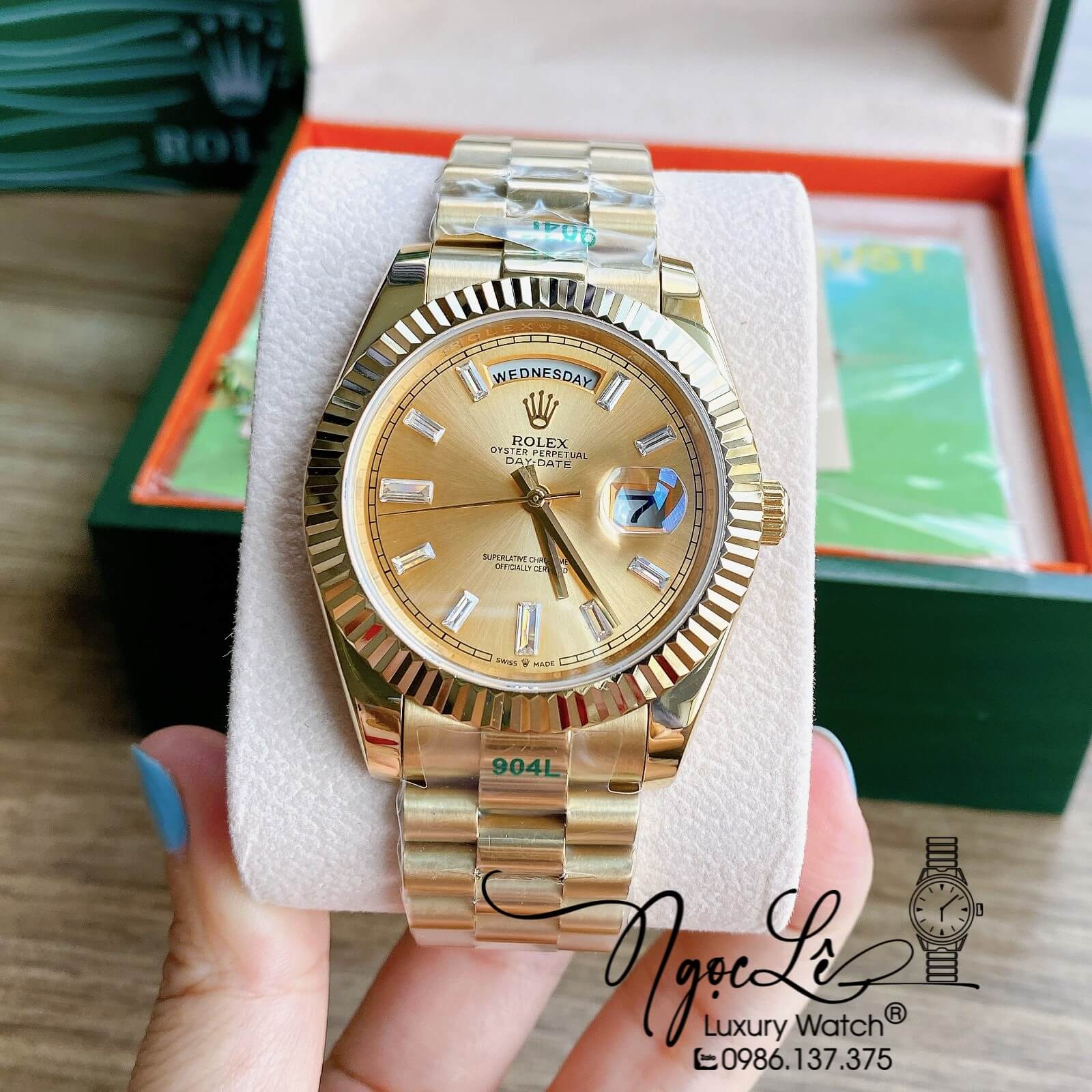 Đồng Hồ Rolex Day-Date Automatic Nam Dây Kim Loại Vàng Mặt Vàng Niềng Khía Size 41mm