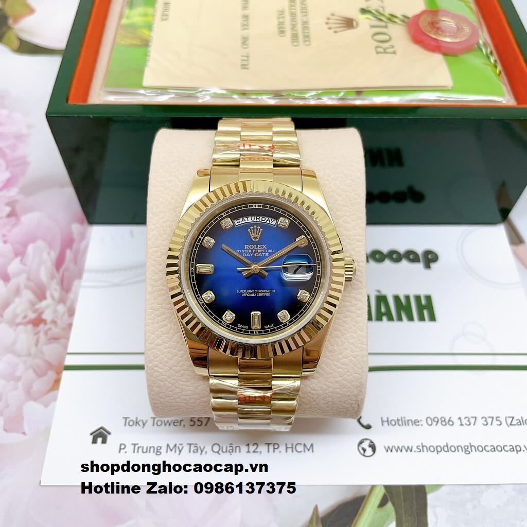 Đồng Hồ Rolex Day-Date Nam Tự Động Mặt Xanh Dương Vỏ Gold 41mm