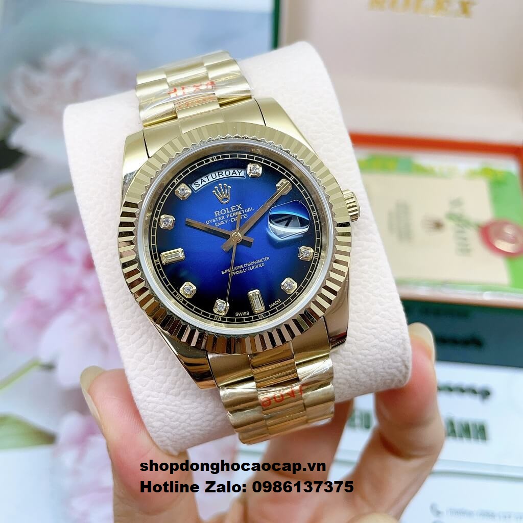 Đồng Hồ Rolex Day-Date Nam Tự Động Mặt Xanh Dương Vỏ Gold 41mm