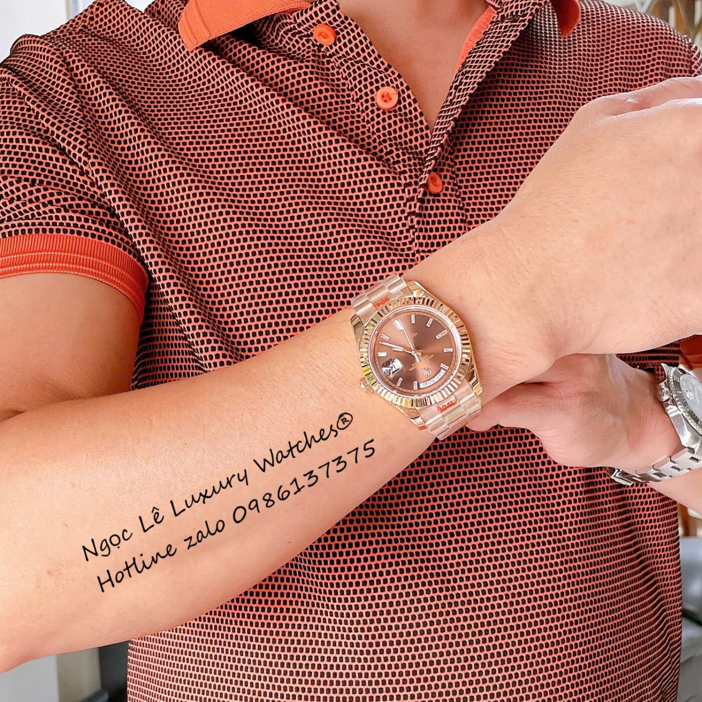 Đồng Hồ Rolex Day-Date Tự Động Dây Thép Vàng Hồng Mặt Nâu Size 41mm - Niềng Khía
