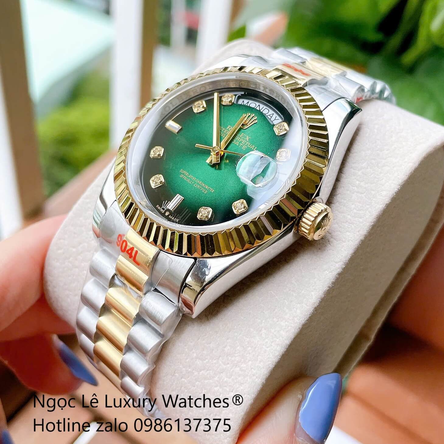 Đồng Hồ Rolex Day-Date Cơ Tự Động Dây Demi Vàng Mặt Xanh Ombre Size 41mm - Niềng Khía