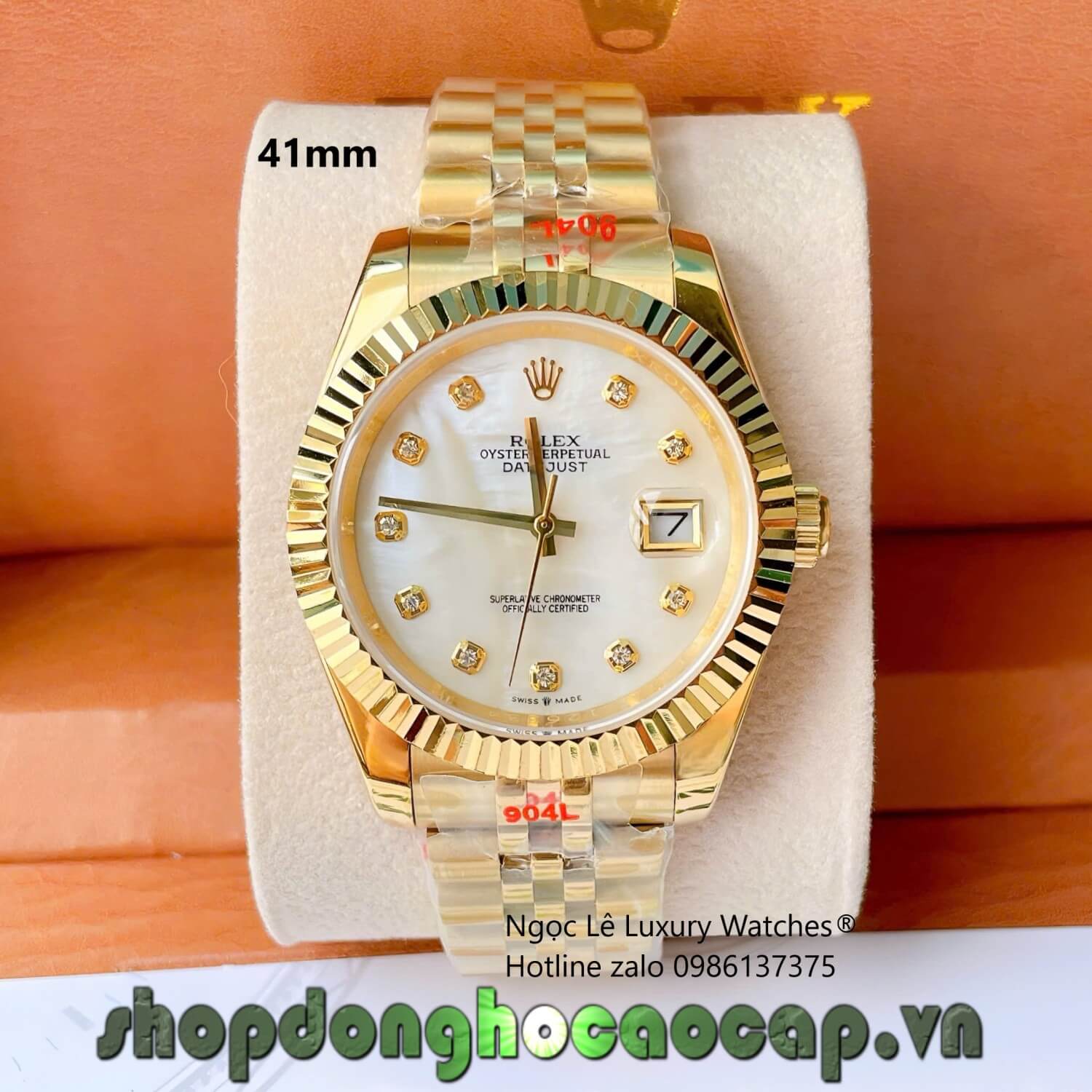 Đồng Hồ Rolex Datejust Cơ Tự Động Dây Thép Vàng Mặt Xà Cừ Trắng Size 41mm - Niềng Khía