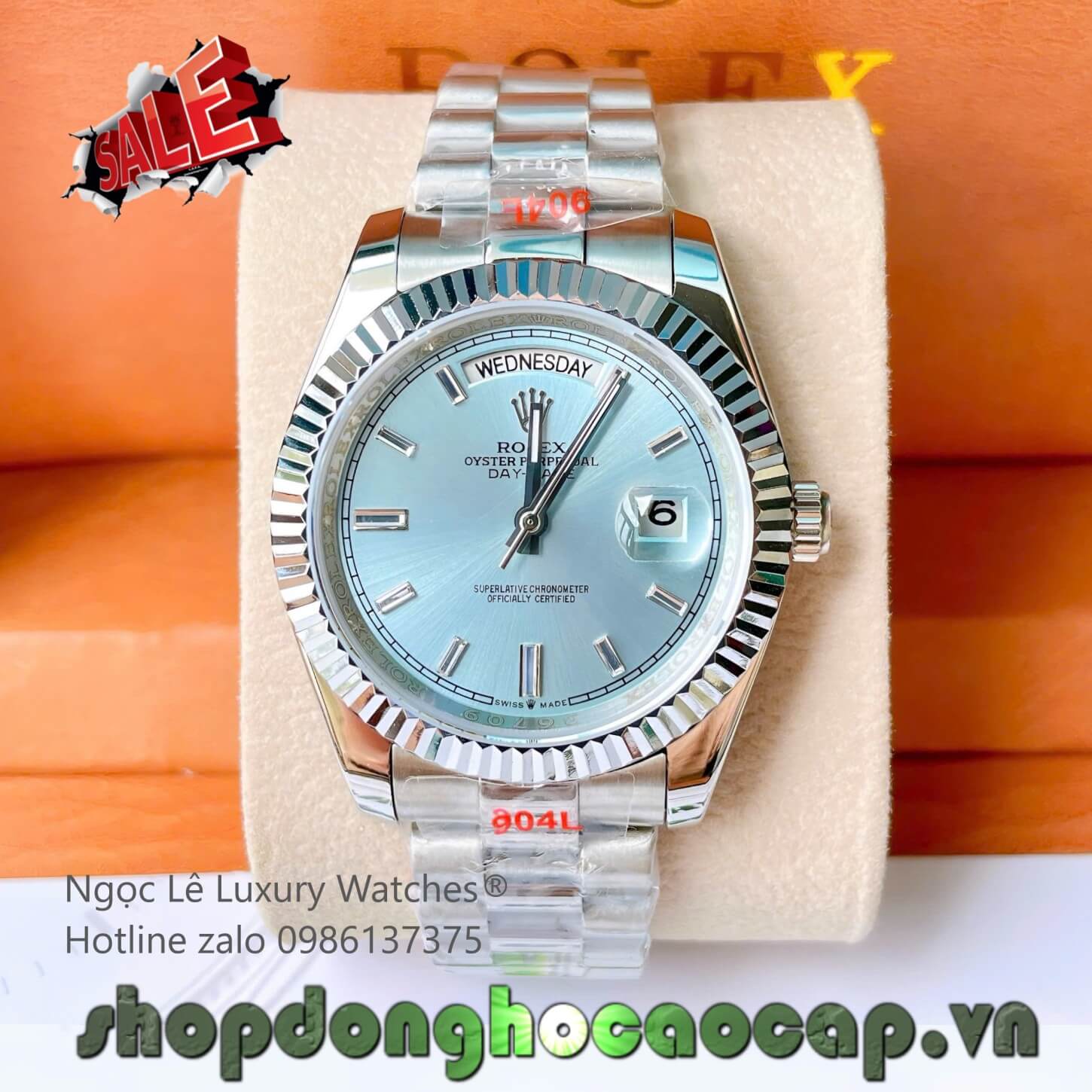 Đồng Hồ Rolex Day-Date Tự Động Dây Thép Màu Bạc Mặt Xanh Nhạt Size 41mm - Niềng Khía