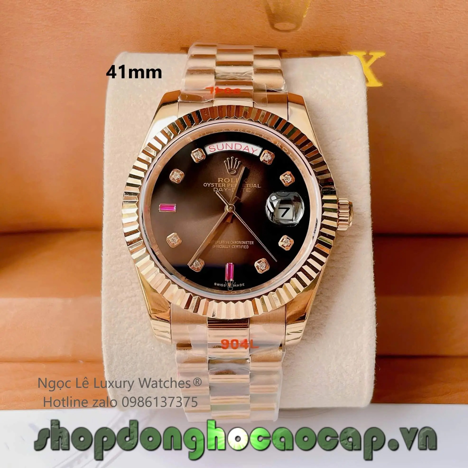 Đồng Hồ Rolex Day-Date Tự Động Dây Thép Vàng Hồng Mặt Nâu Size 41mm - Niềng Khía