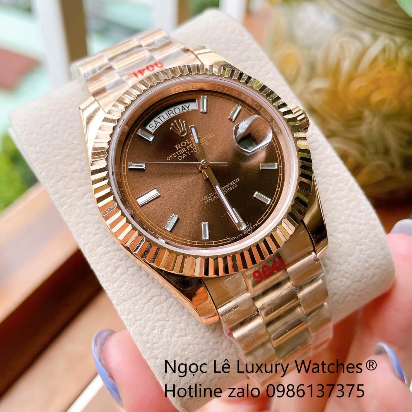 Đồng Hồ Rolex Day-Date Tự Động Dây Thép Vàng Hồng Mặt Nâu Size 41mm - Niềng Khía