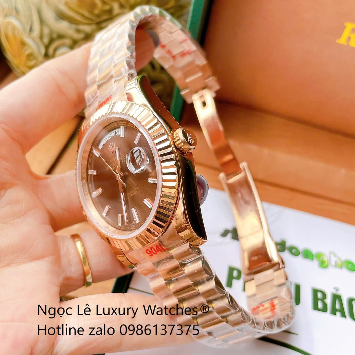 Đồng Hồ Rolex Day-Date Tự Động Dây Thép Vàng Hồng Mặt Nâu Size 41mm - Niềng Khía