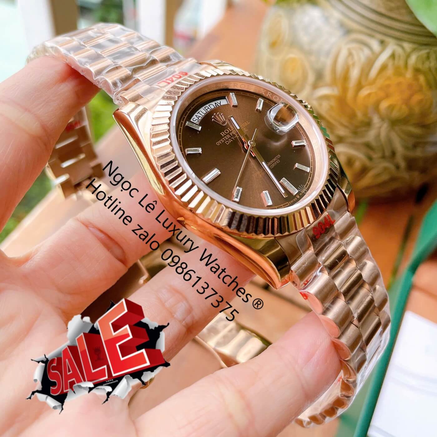 Đồng Hồ Rolex Day-Date Tự Động Dây Thép Vàng Hồng Mặt Nâu Size 41mm - Niềng Khía