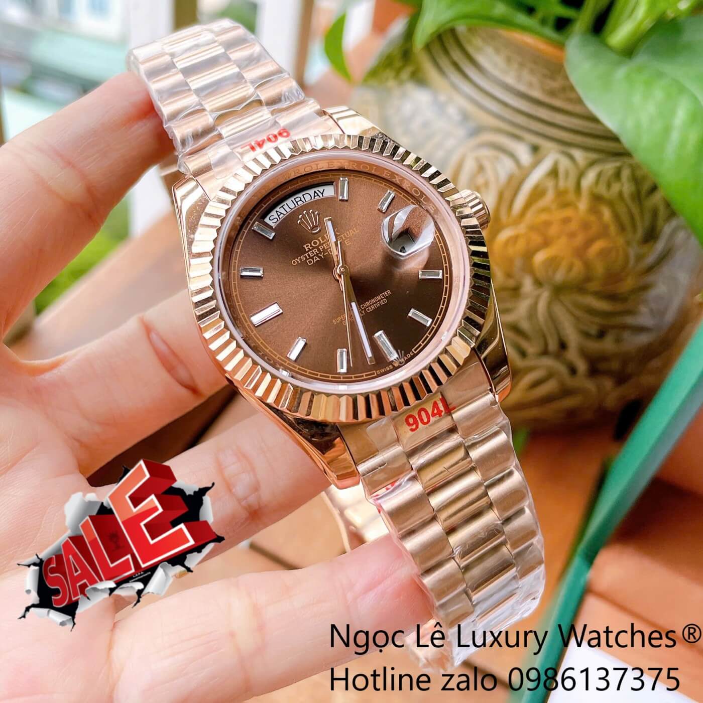 Đồng Hồ Rolex Day-Date Tự Động Dây Thép Vàng Hồng Mặt Nâu Size 41mm - Niềng Khía