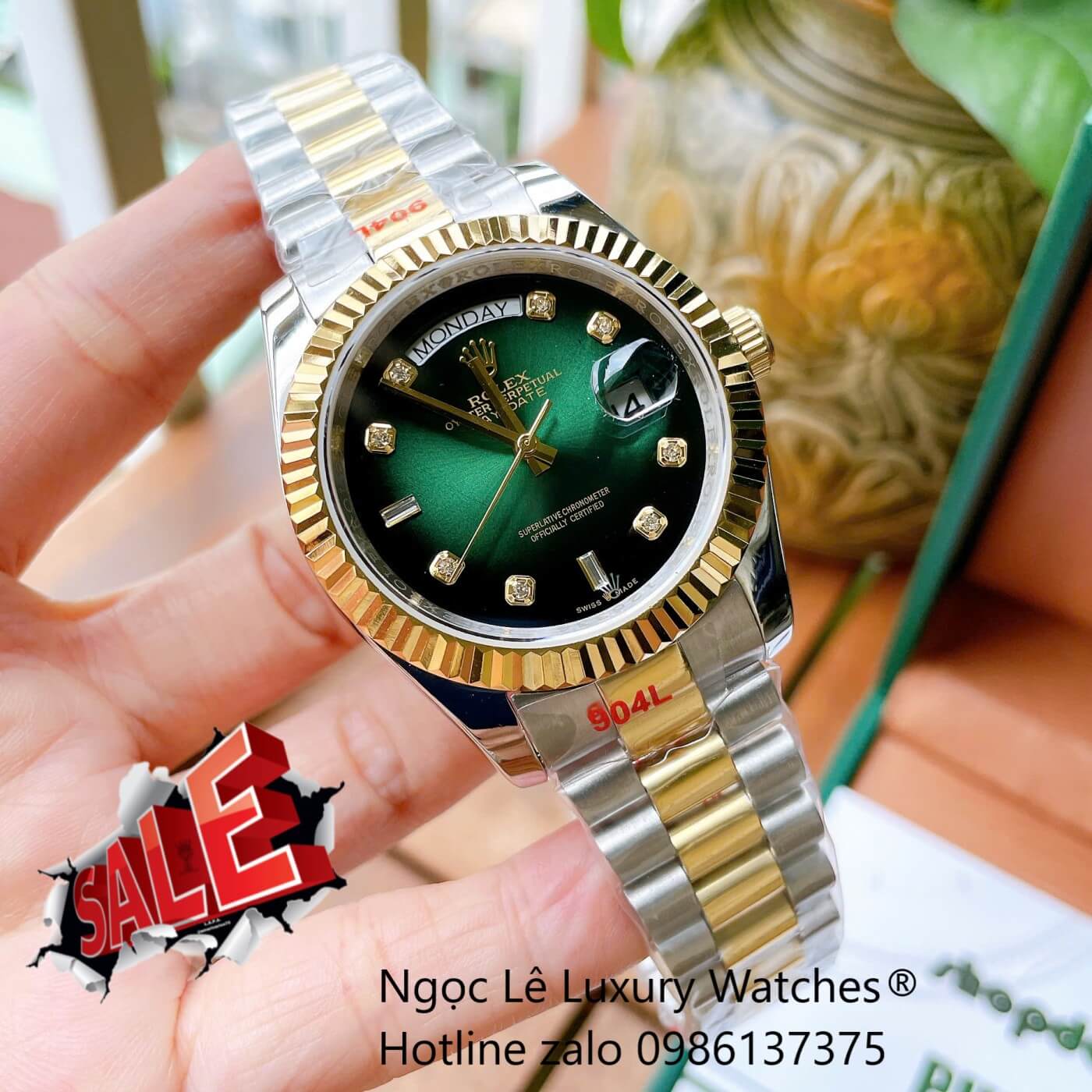 Đồng Hồ Rolex Day-Date Cơ Tự Động Dây Demi Vàng Mặt Xanh Ombre Size 41mm - Niềng Khía