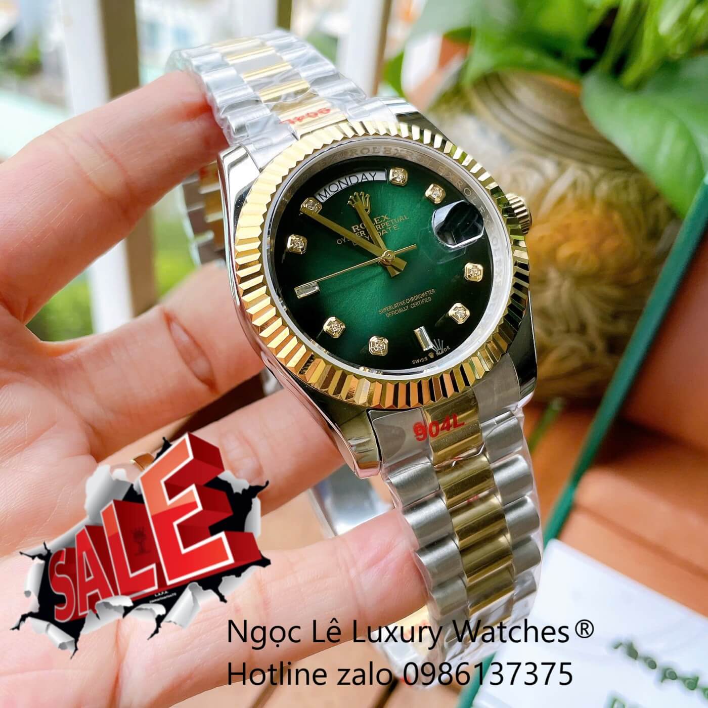 Đồng Hồ Rolex Day-Date Cơ Tự Động Dây Demi Vàng Mặt Xanh Ombre Size 41mm - Niềng Khía