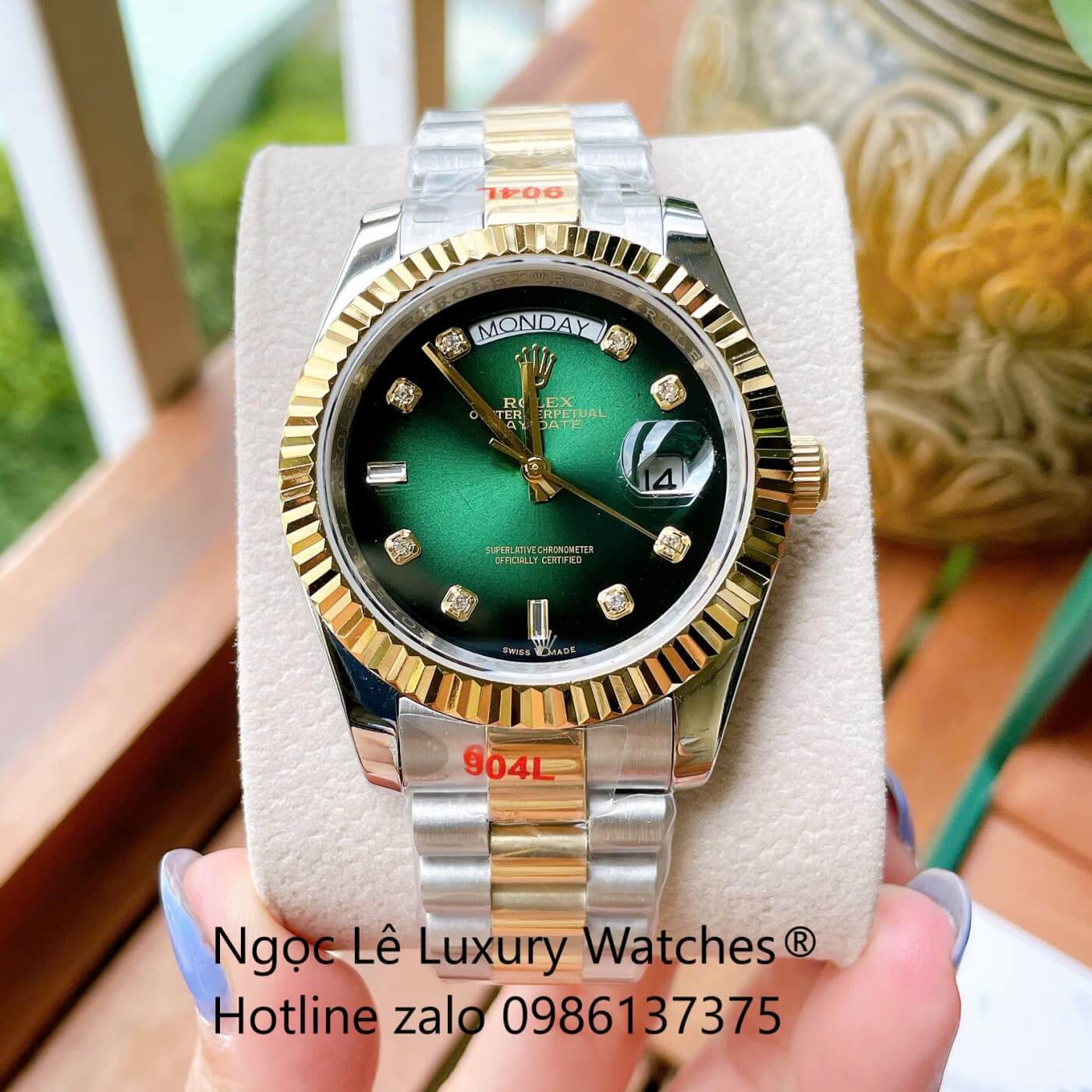 Đồng Hồ Rolex Day-Date Cơ Tự Động Dây Demi Vàng Mặt Xanh Ombre Size 41mm - Niềng Khía
