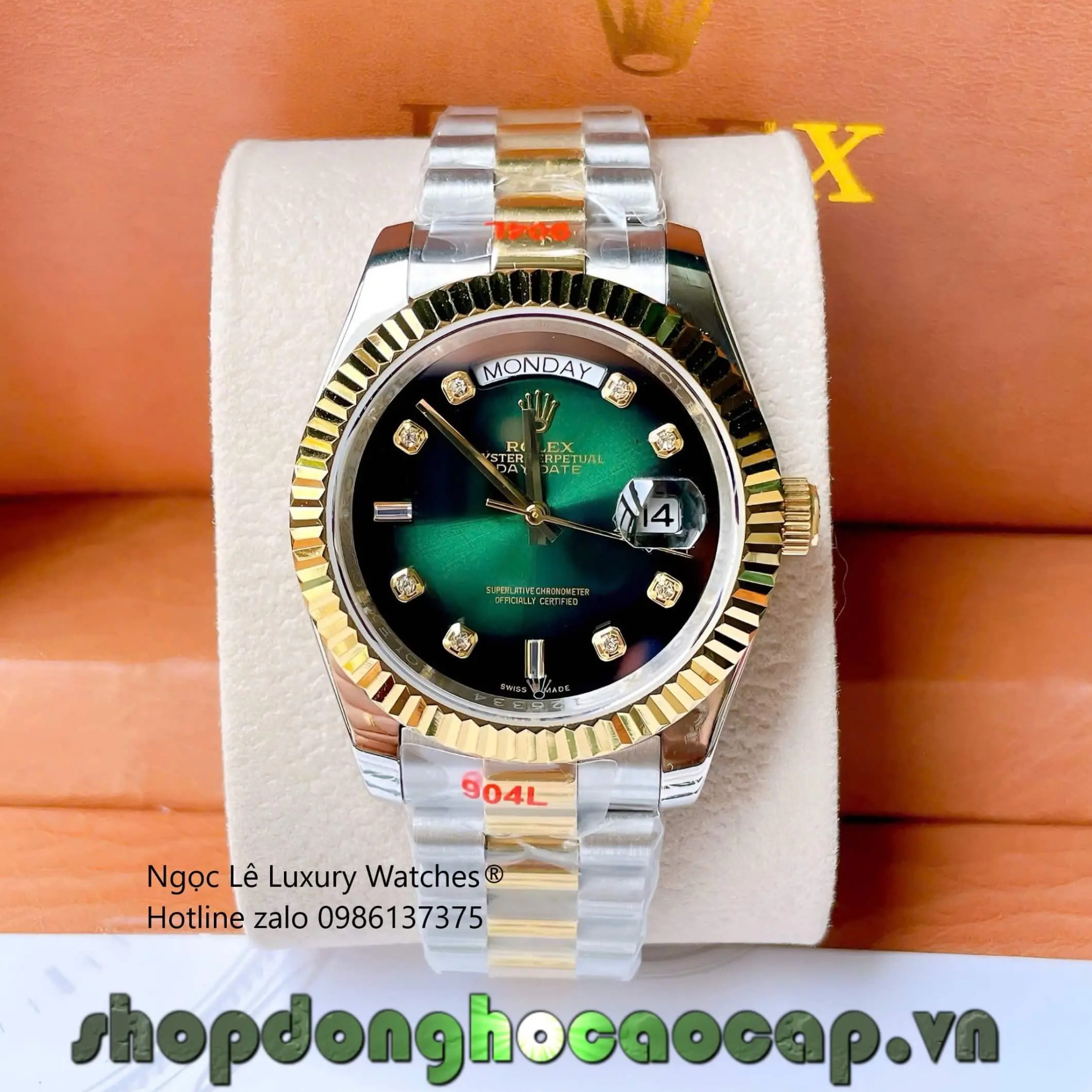 Đồng Hồ Rolex Day-Date Cơ Tự Động Dây Demi Vàng Mặt Xanh Ombre Size 41mm - Niềng Khía