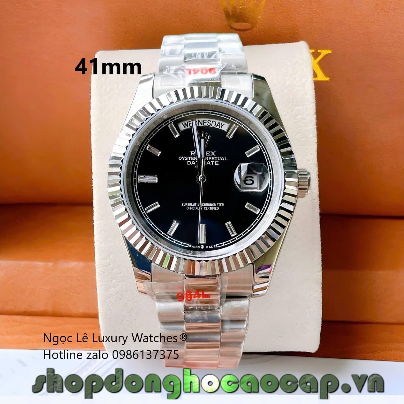 Đồng Hồ Rolex Day-Date Tự Động Dây Thép Màu Bạc Mặt Đen Size 41mm - Niềng Khía