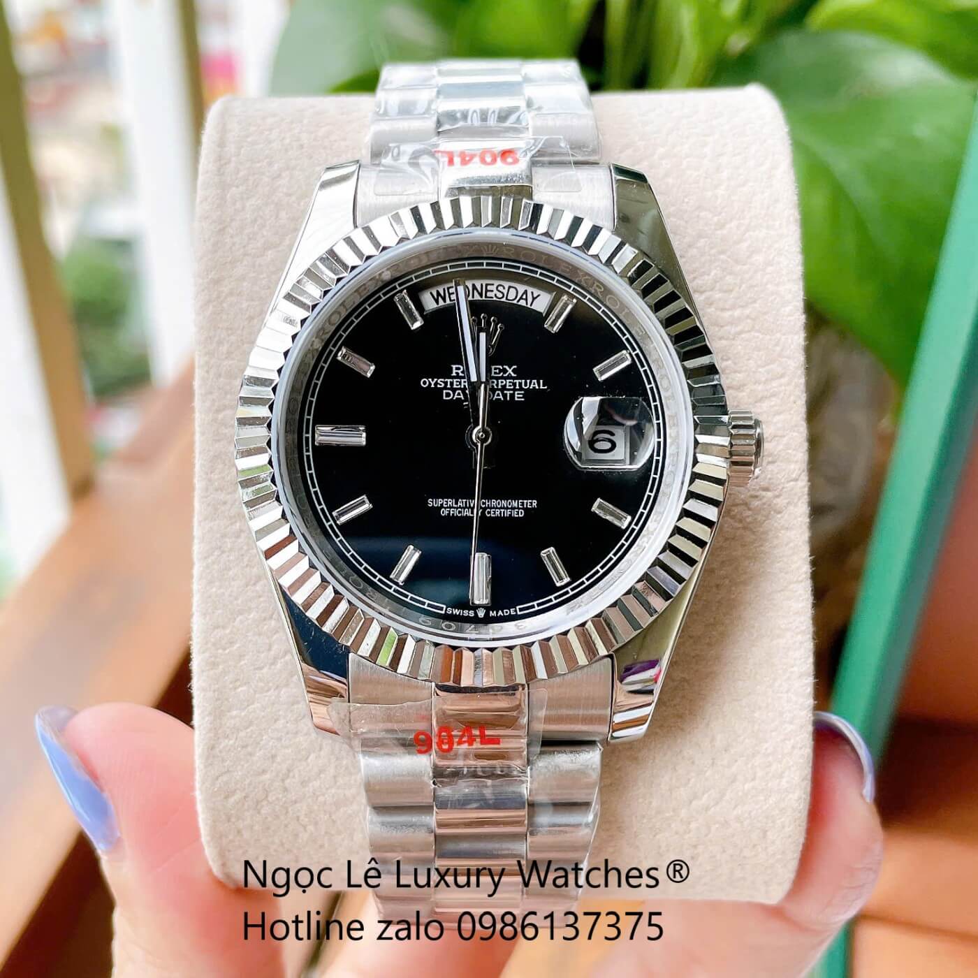 Đồng Hồ Rolex Day-Date Tự Động Dây Thép Màu Bạc Mặt Đen Size 41mm - Niềng Khía