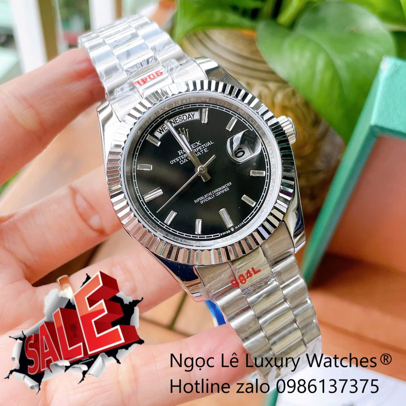 Đồng Hồ Rolex Day-Date Tự Động Dây Thép Màu Bạc Mặt Đen Size 41mm - Niềng Khía