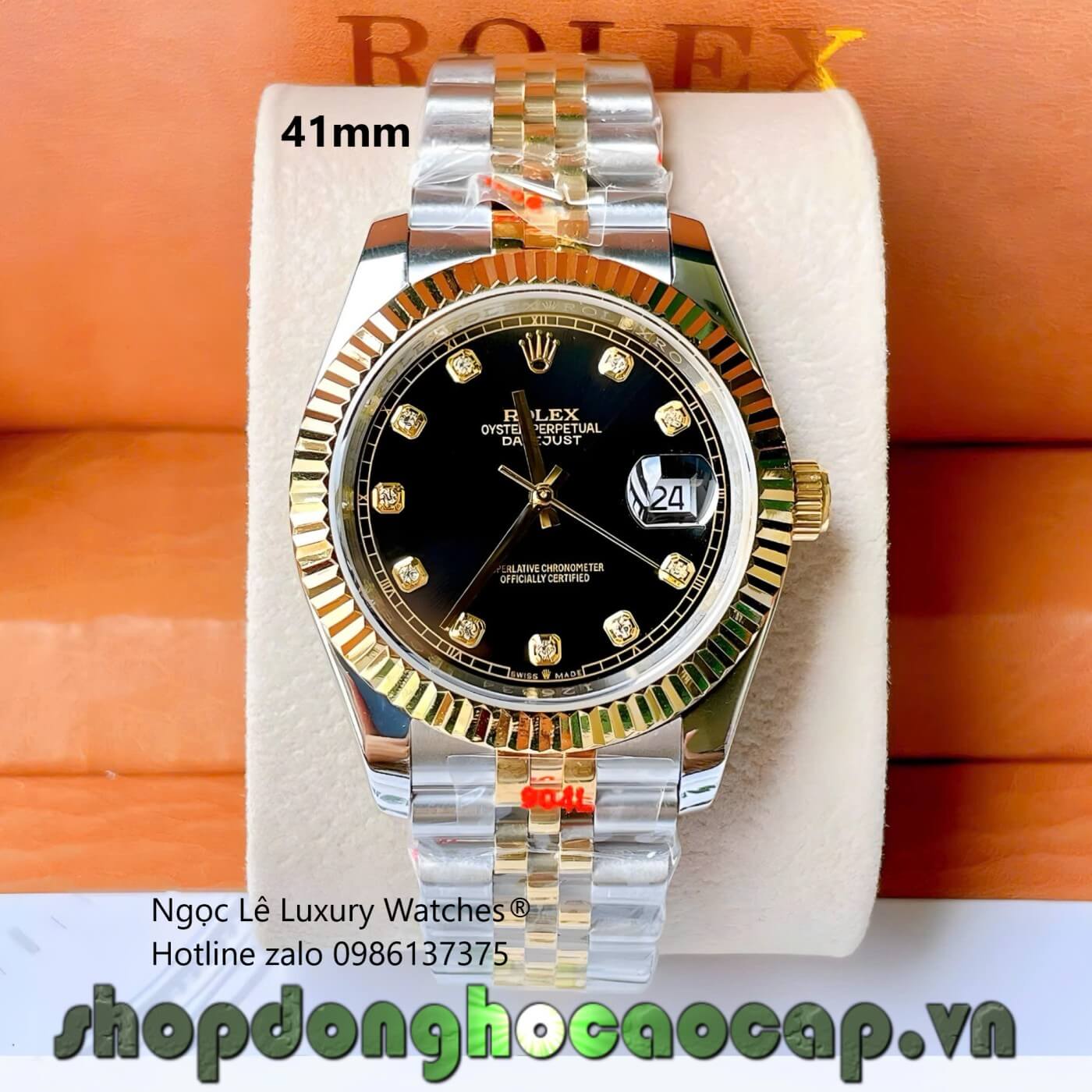 Đồng Hồ Rolex Datejust Cơ Tự Động Dây Demi Vàng Gold Mặt Đen Size 41mm - Niềng Khía