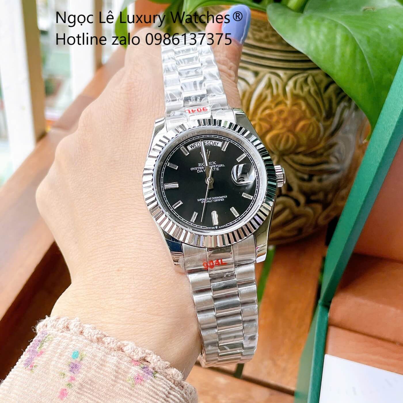 Đồng Hồ Rolex Day-Date Tự Động Dây Thép Màu Bạc Mặt Đen Size 41mm - Niềng Khía