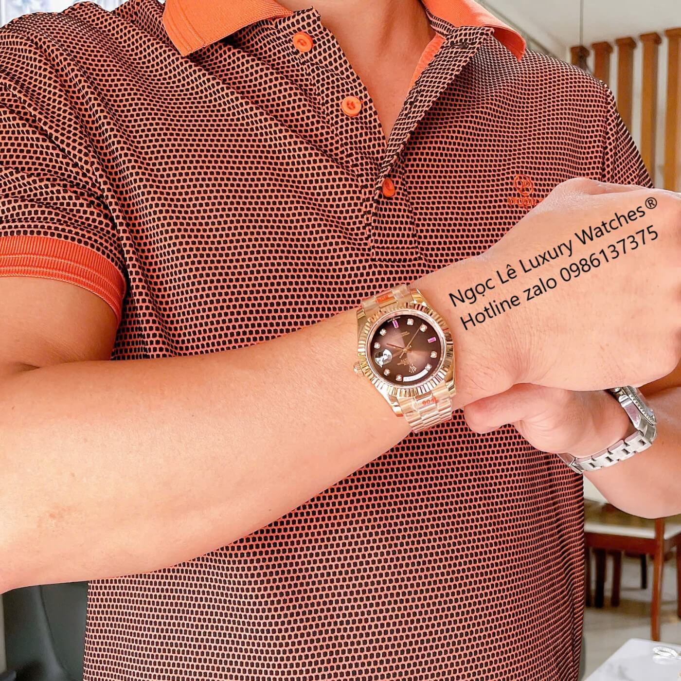 Đồng Hồ Rolex Day-Date Tự Động Dây Thép Vàng Hồng Mặt Nâu Size 41mm - Niềng Khía