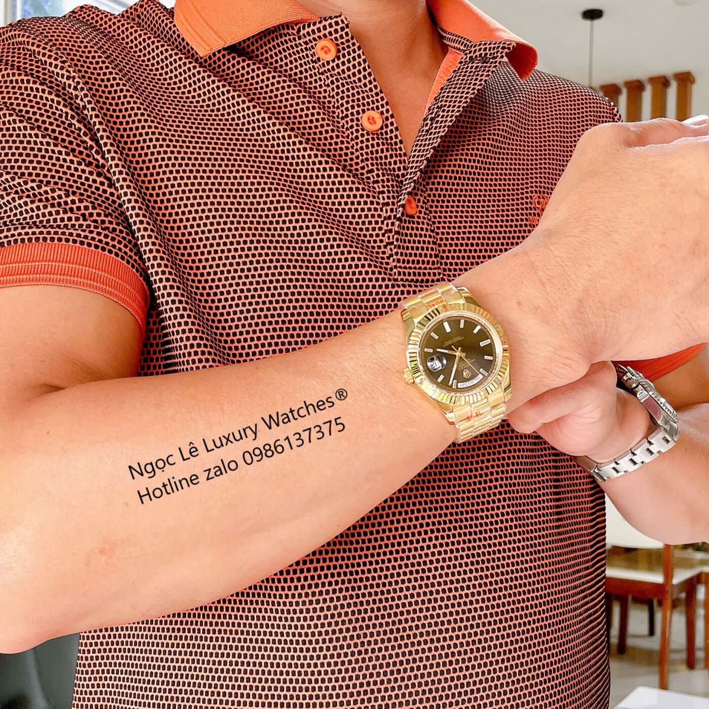 Đồng Hồ Rolex Day-Date Cơ Tự Động Dây Thép Vàng Mặt Đen Size 41mm - Niềng Khía