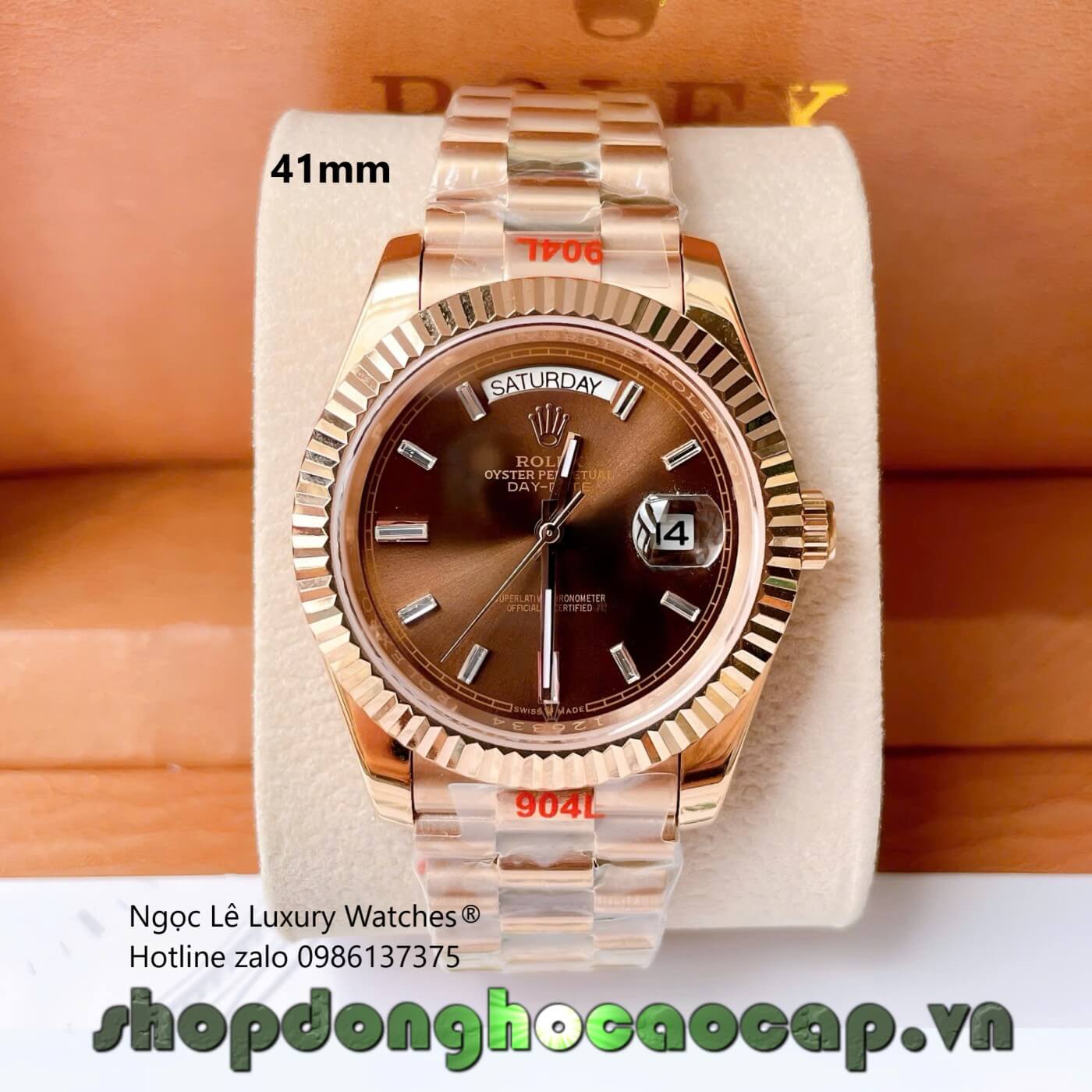 Đồng Hồ Rolex Day-Date Tự Động Dây Thép Vàng Hồng Mặt Nâu Size 41mm - Niềng Khía