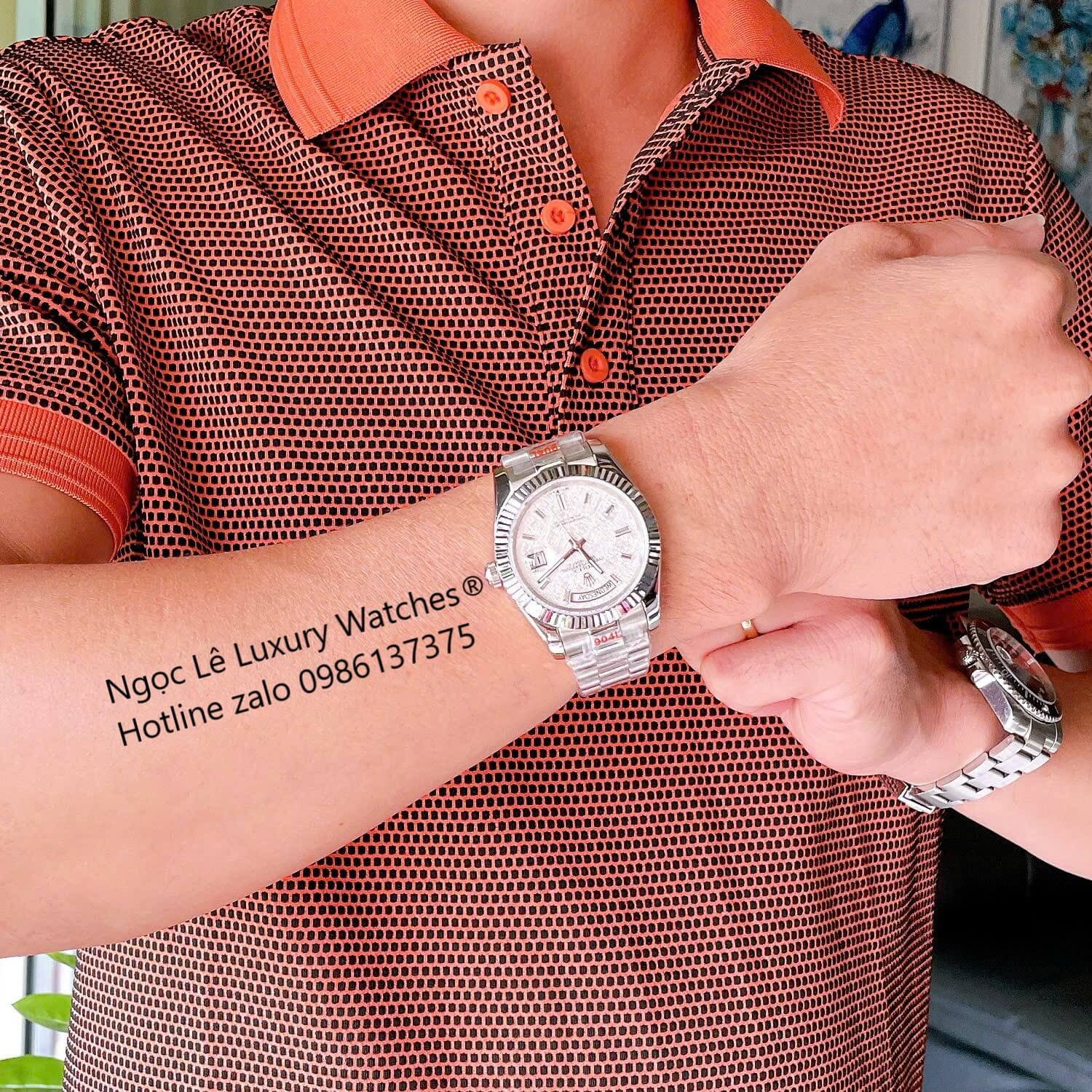 Đồng Hồ Rolex Day-Date Cơ Tự Động Dây Thép Silver Mặt Thiên Thạch Size 41mm - Niềng Khía