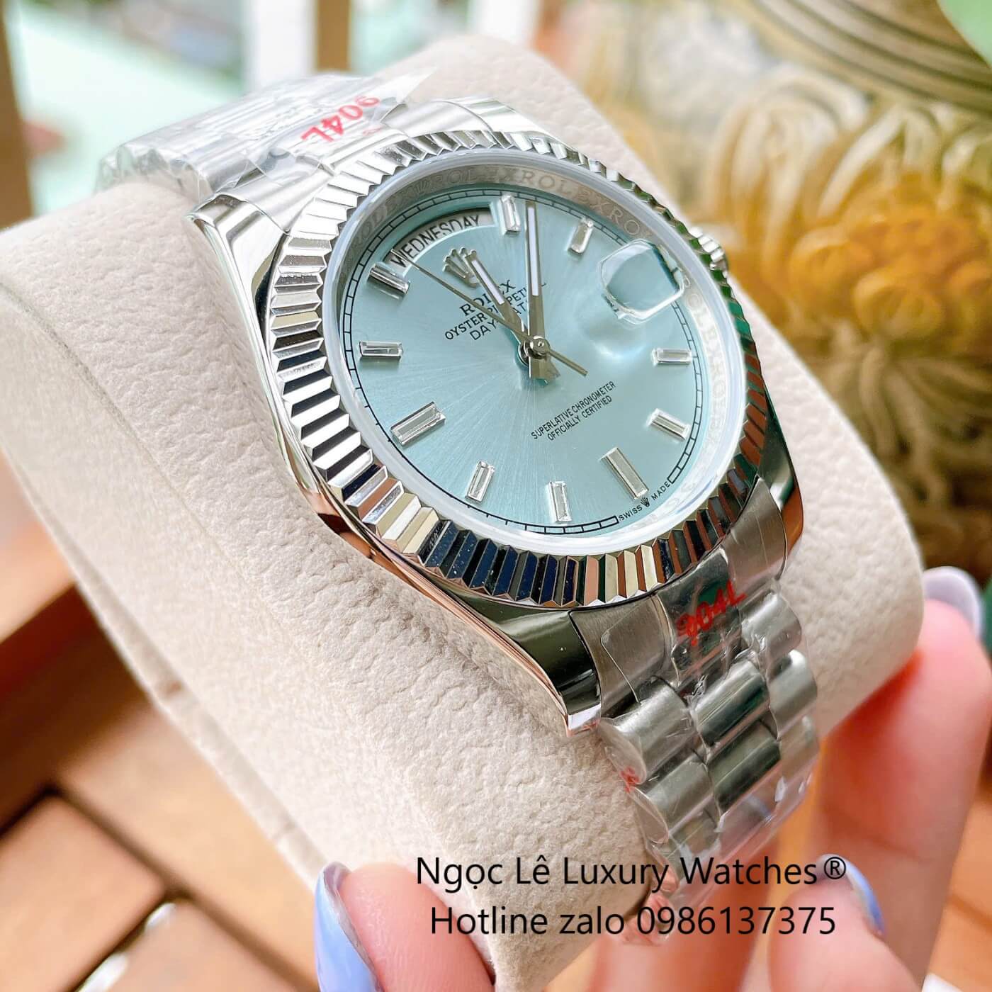 Đồng Hồ Rolex Day-Date Tự Động Dây Thép Màu Bạc Mặt Xanh Nhạt Size 41mm - Niềng Khía