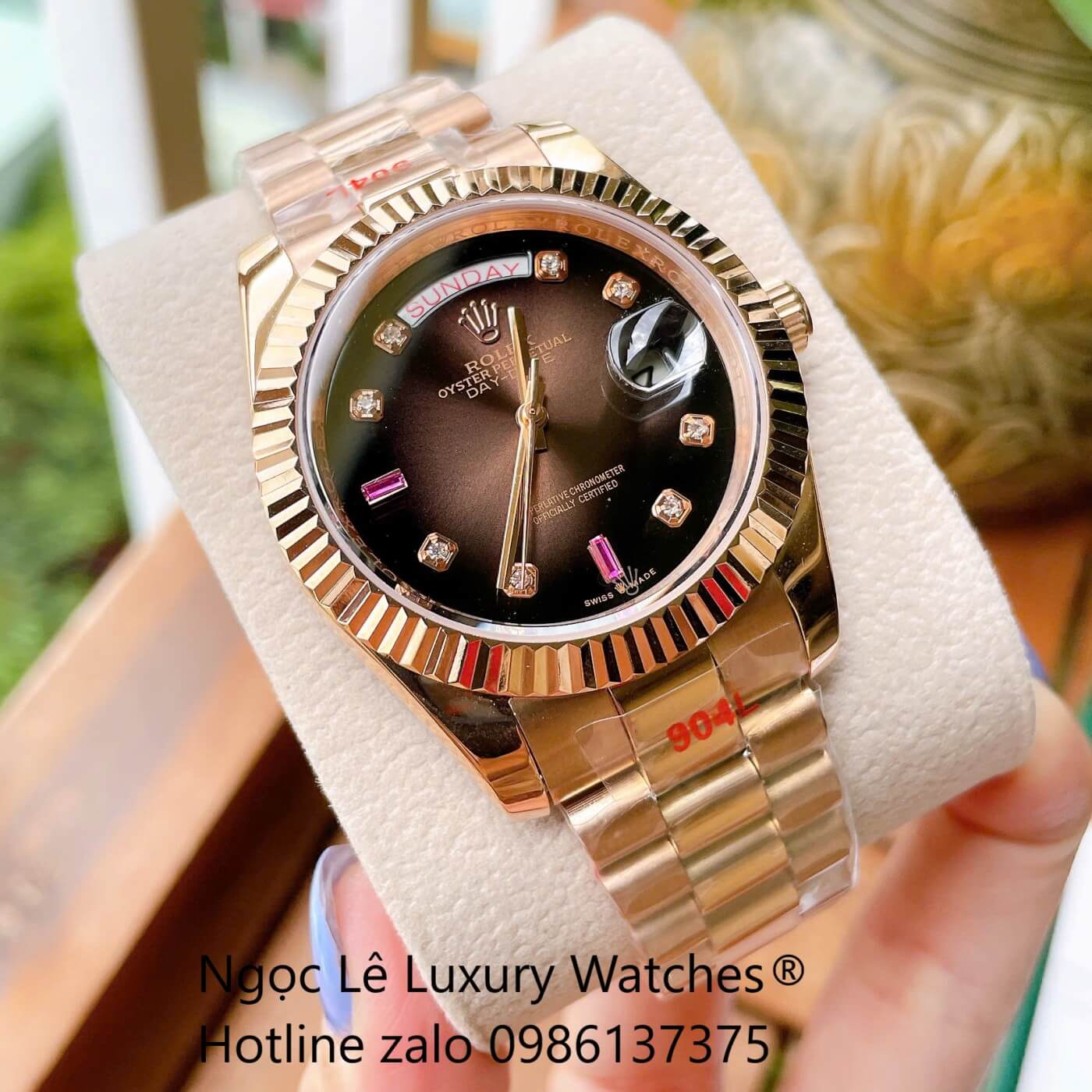 Đồng Hồ Rolex Day-Date Tự Động Dây Thép Vàng Hồng Mặt Nâu Size 41mm - Niềng Khía