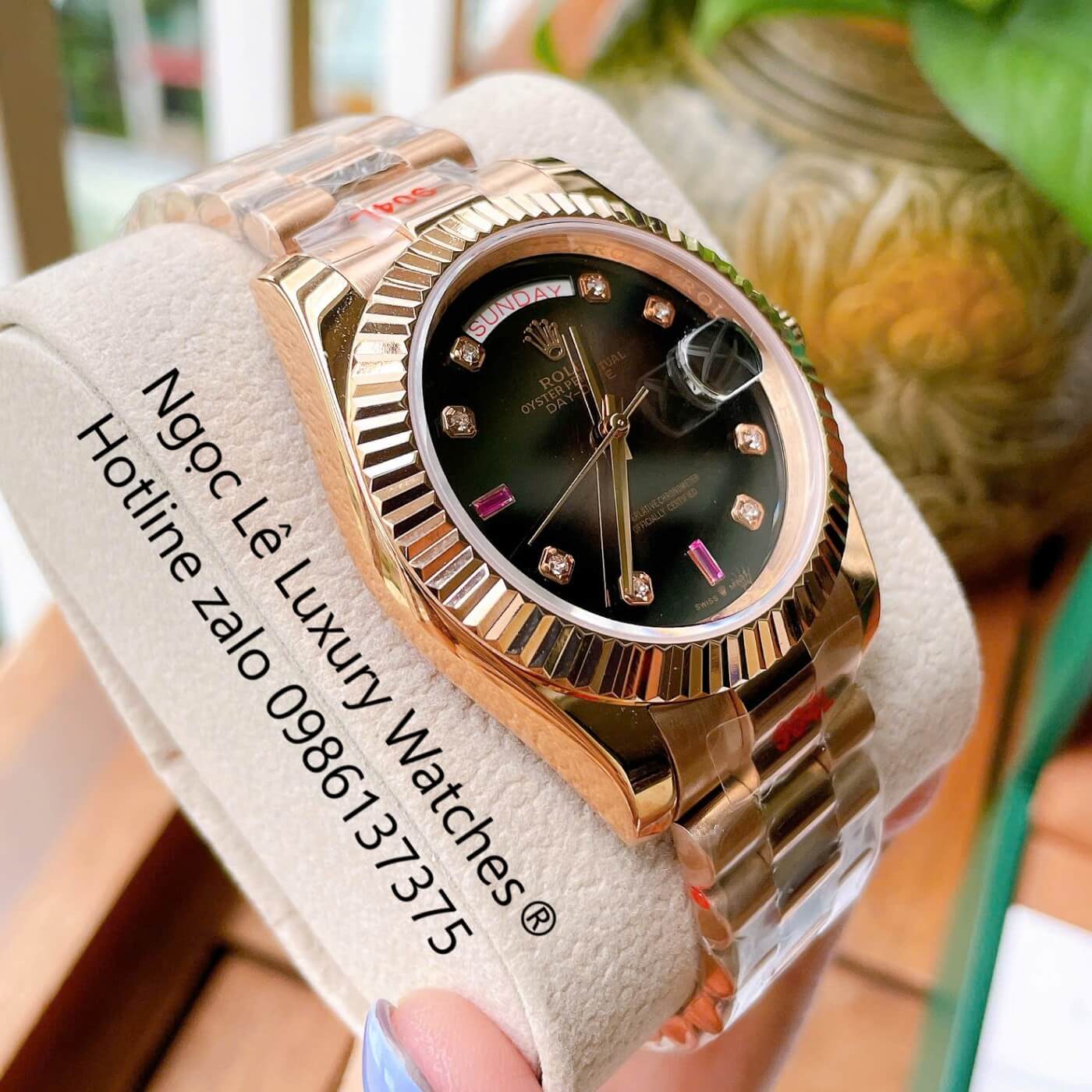 Đồng Hồ Rolex Day-Date Tự Động Dây Thép Vàng Hồng Mặt Nâu Size 41mm - Niềng Khía