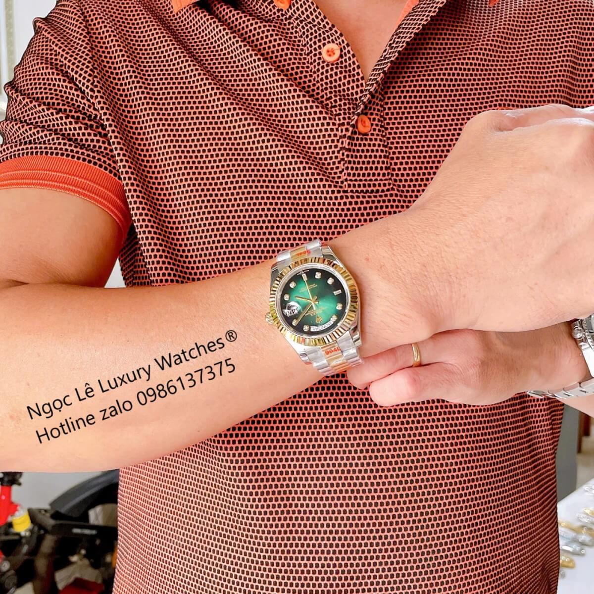Đồng Hồ Rolex Day-Date Cơ Tự Động Dây Demi Vàng Mặt Xanh Ombre Size 41mm - Niềng Khía