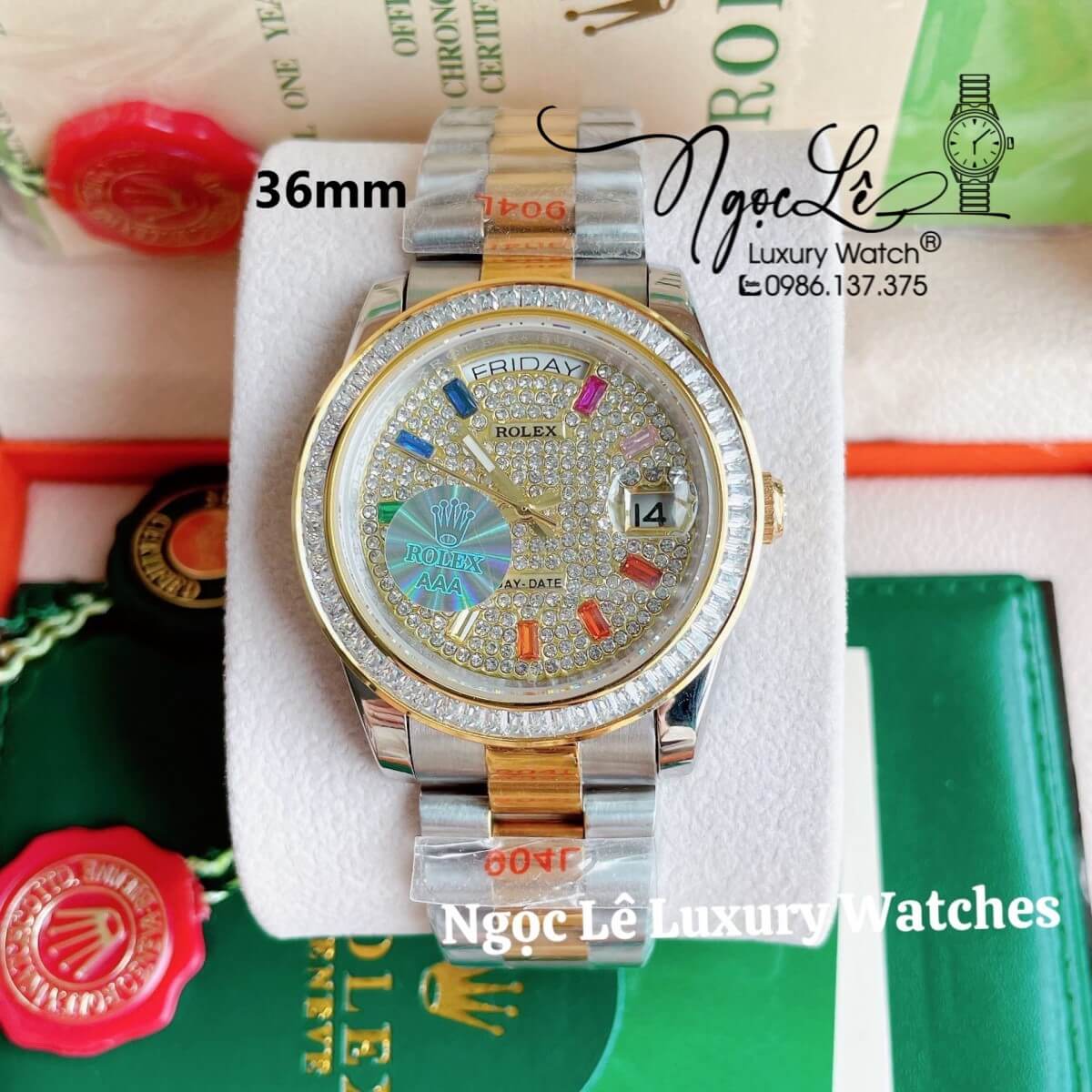 Đồng Hồ Rolex Day-Date Tự Động Dây Kim Loại Demi Vàng Mặt Đính Full Đá Size 36mm