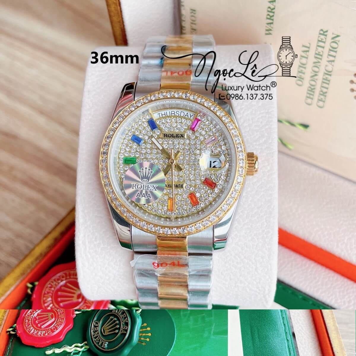 Đồng Hồ Rolex Day-Date Tự Động Dây Kim Loại Demi Vàng Mặt Đính Full Đá Size 36mm