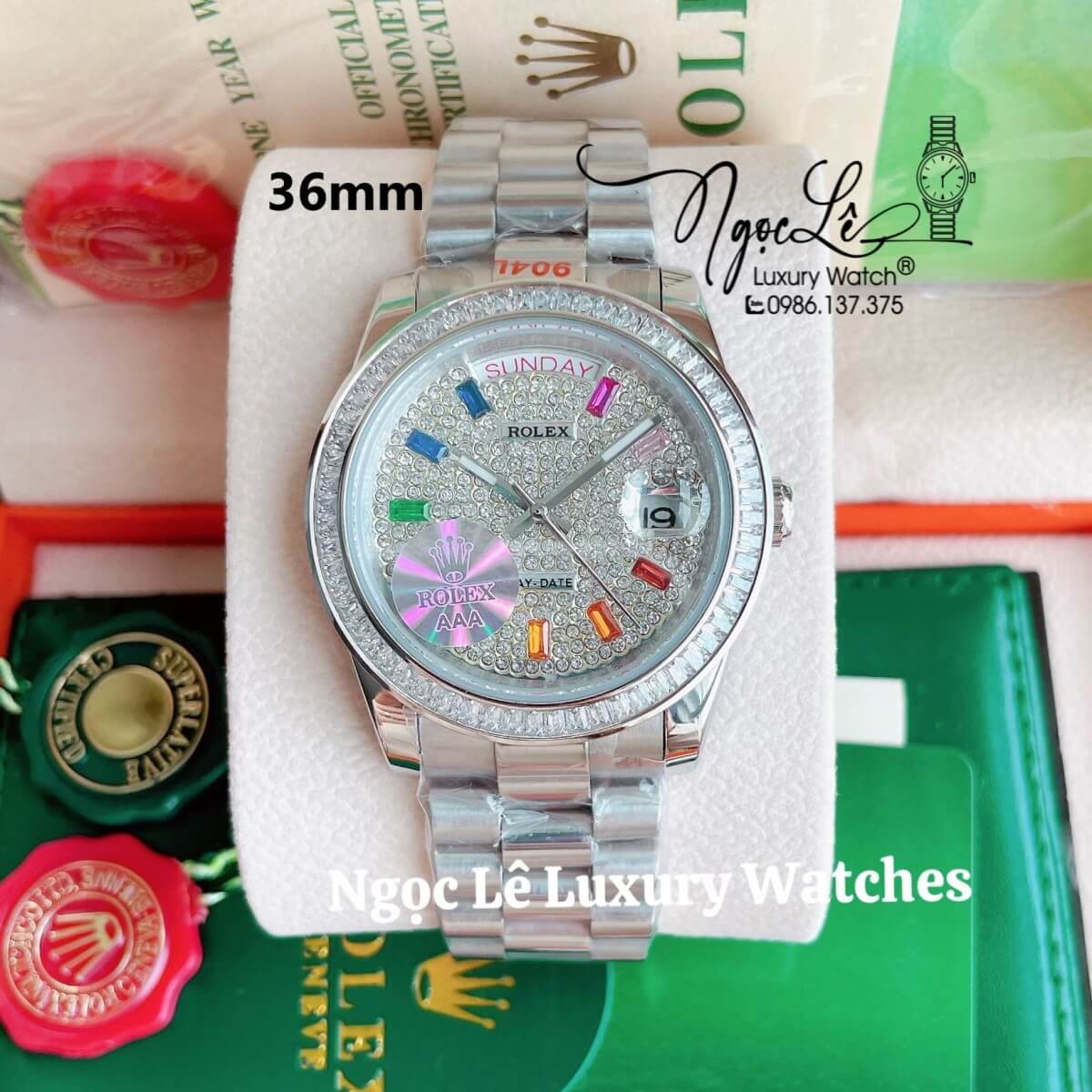 Đồng Hồ Rolex Day-Date Tự Động Dây Kim Loại Màu Bạc Mặt Đính Full Đá Size 36mm
