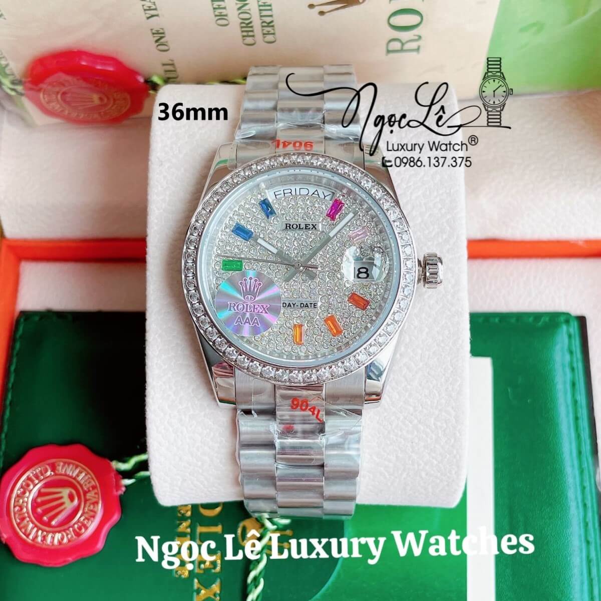 Đồng Hồ Rolex Day-Date Tự Động Dây Kim Loại Màu Bạc Mặt Đính Full Đá Size 36mm