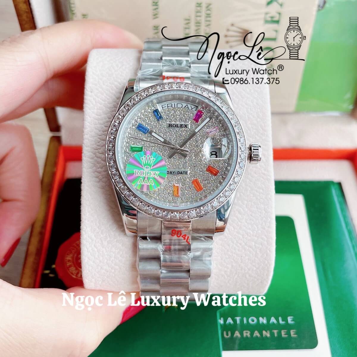 Đồng Hồ Rolex Day-Date Tự Động Dây Kim Loại Màu Bạc Mặt Đính Full Đá Size 36mm