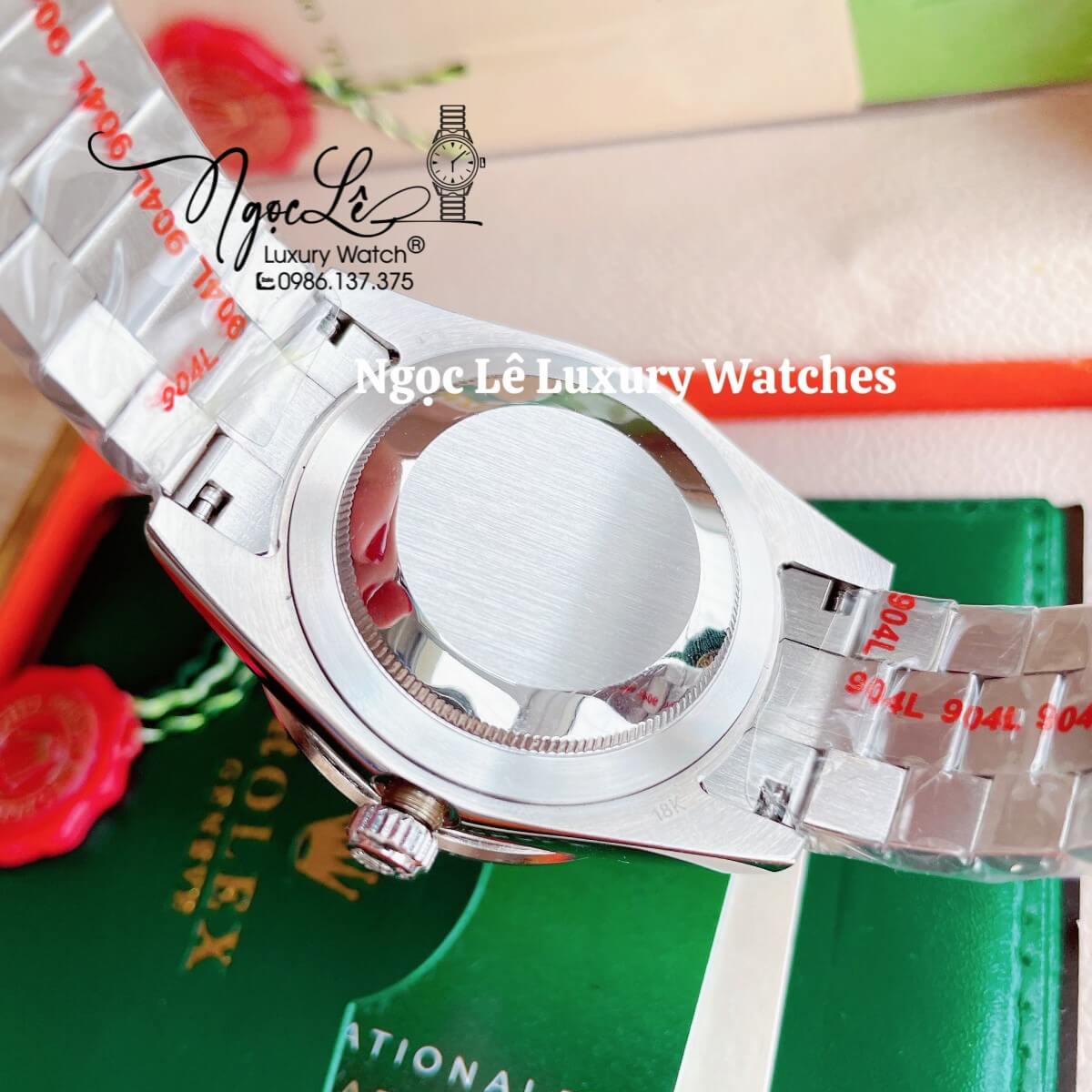 Đồng Hồ Nam Rolex Day-Date Tự Động Dây Kim Loại Bạc Mặt Đính Full Đá Size 41mm