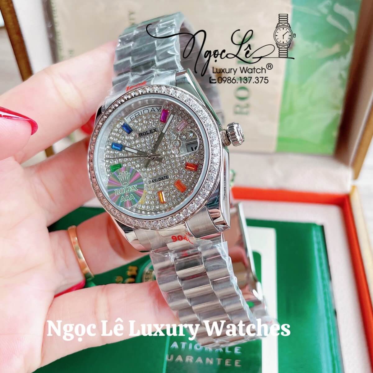 Đồng Hồ Rolex Day-Date Tự Động Dây Kim Loại Màu Bạc Mặt Đính Full Đá Size 36mm