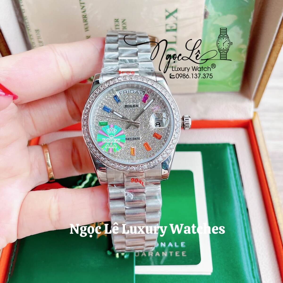 Đồng Hồ Rolex Day-Date Tự Động Dây Kim Loại Màu Bạc Mặt Đính Full Đá Size 36mm