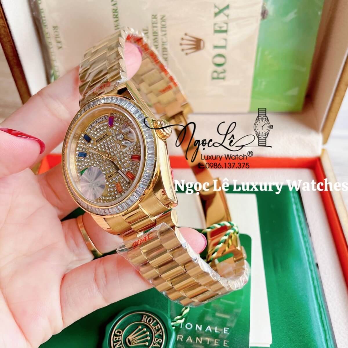 Đồng Hồ Rolex Day-Date Tự Động Dây Kim Loại Màu Vàng Mặt Đính Full Đá Size 36mm