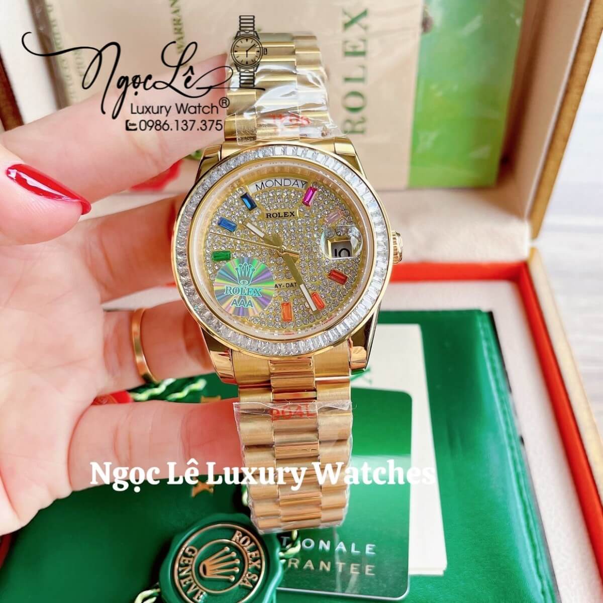 Đồng Hồ Rolex Day-Date Tự Động Dây Kim Loại Màu Vàng Mặt Đính Full Đá Size 36mm