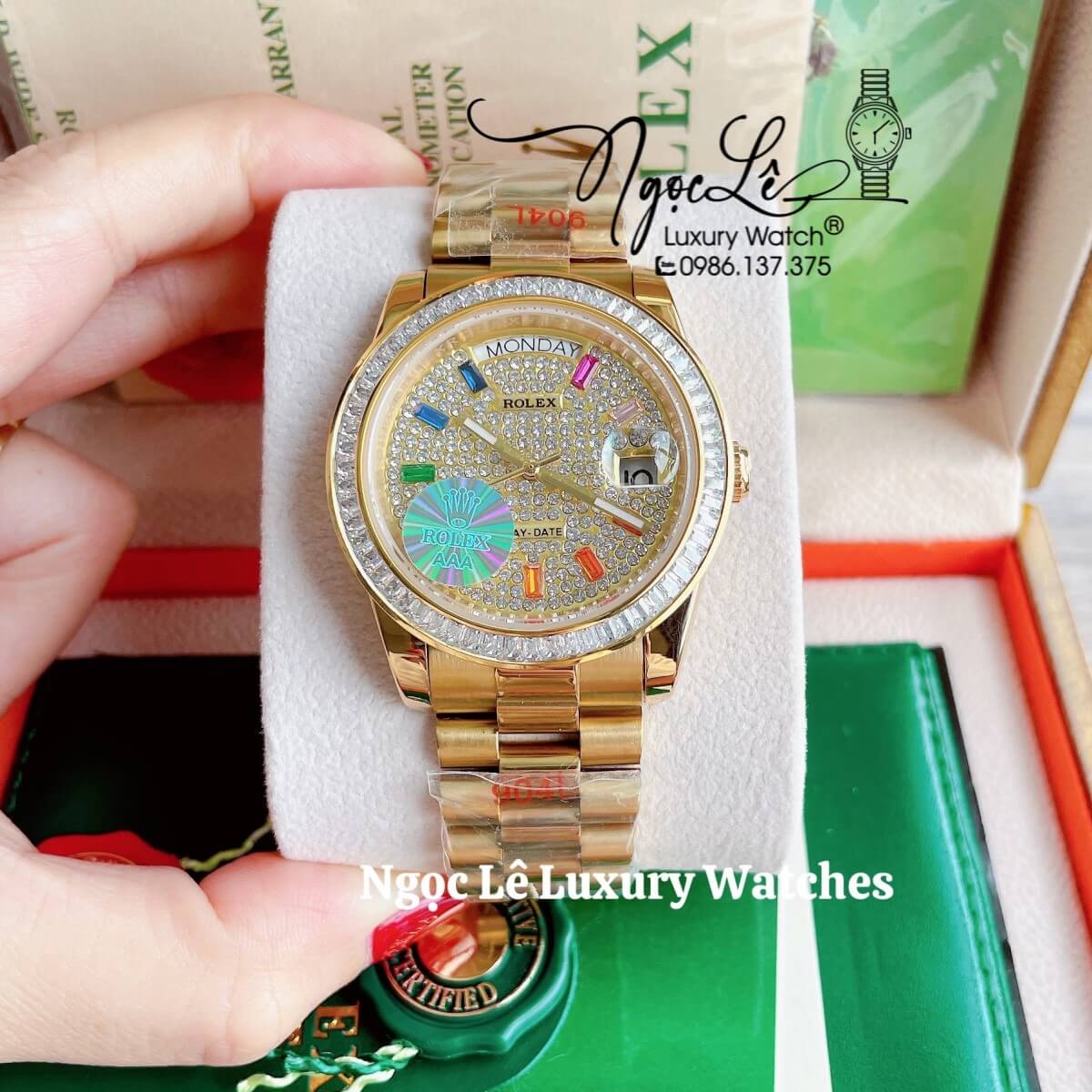 Đồng Hồ Rolex Day-Date Tự Động Dây Kim Loại Màu Vàng Mặt Đính Full Đá Size 36mm