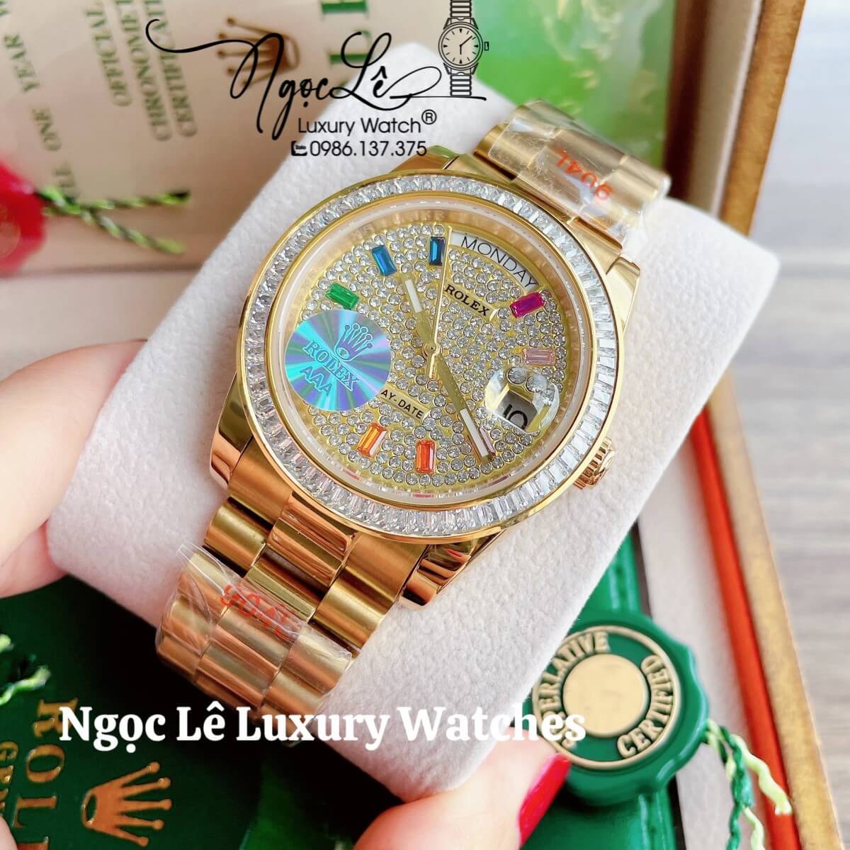 Đồng Hồ Rolex Day-Date Tự Động Dây Kim Loại Màu Vàng Mặt Đính Full Đá Size 36mm