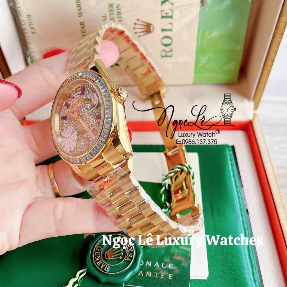 Đồng Hồ Rolex Day-Date Tự Động Dây Kim Loại Màu Vàng Mặt Đính Full Đá Size 36mm